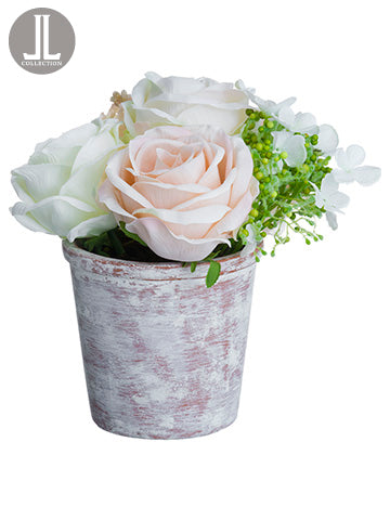 8" Rose/Ranunculus/Snowball in Clay Pot Cream Blush (pack of 6)