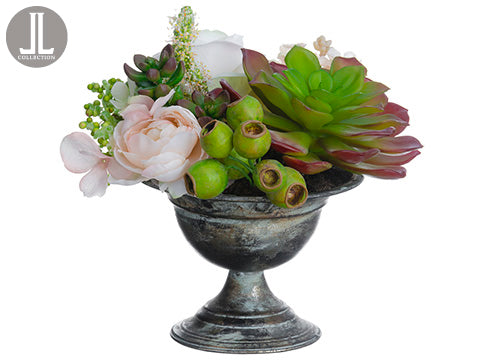 9.5" Rose/Ranunculus/ Echeveria in Metal Urn Burgundy Blush (pack of 4)