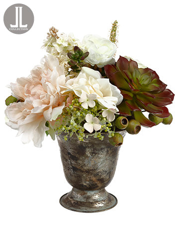 13" Peony/Hydrangea/Echeveria in Metal Urn Burgundy Blush (pack of 2)