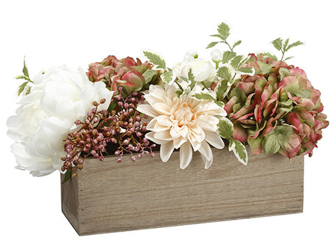 8"Hx9"Wx16"L Hydrangea/Peony /Dahlia in Wood Pot Mauve White (pack of 4)
