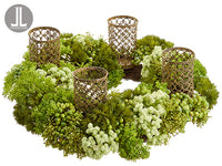 24" Sedum/Berry Centerpiece With Candleholder x4 Green Cream (pack of 1)