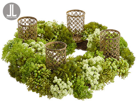 24" Sedum/Berry Centerpiece With Candleholder x4 Green Cream (pack of 1)
