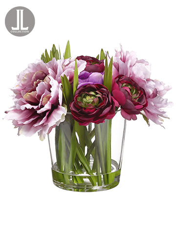 9.5" Peony/Ranunculus in Glass Vase Purple Wine (pack of 4)
