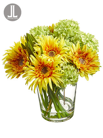 10" Gerbera Daisy/Snowball in Glass Vase Yellow Green (pack of 4)