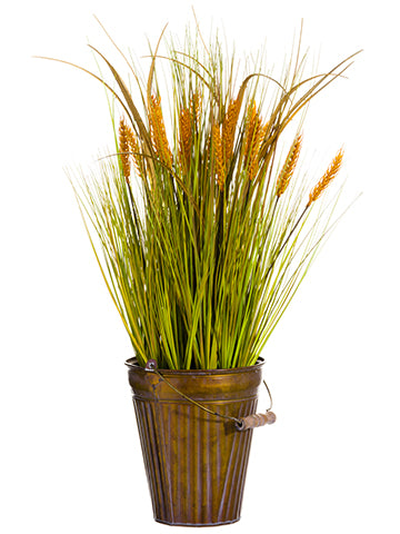 24" Plastic Grass/Wheat in Tin Pot Green Gold (pack of 4)