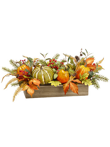 10"Hx24"L Pumpkin/Fern/Berry Centerpiece in Wood Pot Fall (pack of 2)