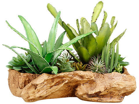 14" Succulent Garden in Faux Wood Log Green (pack of 1)