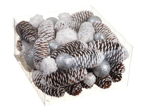 4"Hx8"Wx8"L Assorted Glittered Pine Cone/Ball in Acetate Box White Silver (pack of 12)