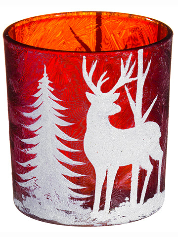 3"Hx3"D Reindeer Glass Candleholder Red White (pack of 12)
