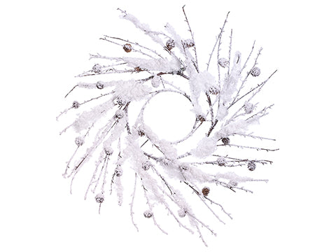 24" Snowed Twig Wreath w/Pine Cone White Brown (pack of 4)