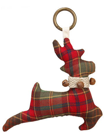 7" Plaid Reindeer Doorknob Hanger With Bells Red Green (pack of 6)