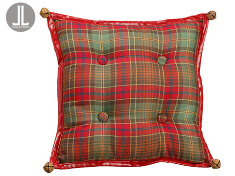 16"Wx16"L Plaid Pillow With Bells Red Green (pack of 6)