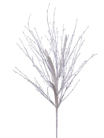 28" Glittered Swirl Leaf Twig Spray White Silver (pack of 24)
