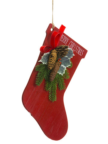 16.5" Holly/Pine/Cone Wood Stocking Green Red (pack of 6)