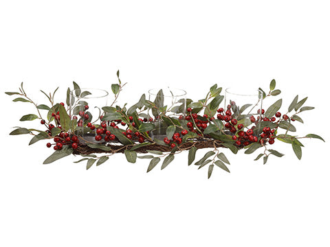 6"Hx9"Wx26"L Berry With Glass Hurricane x3 Candleholder Red Green (pack of 2)