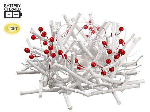 16" Battery Operated Twig/ Berry Centerpiece With Glass Candleholder And Light Red Whi (pack of 4)