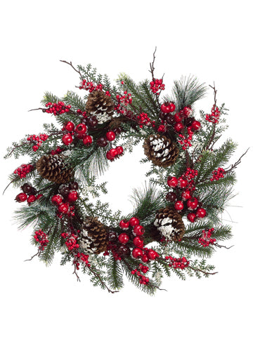 24" Snowed Berry/Pine Cone/Berry/Pine Wreath Red Snow (pack of 2)