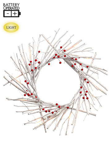 24" Battery Operated Twig/ Berry Wreath With Light Red White (pack of 4)