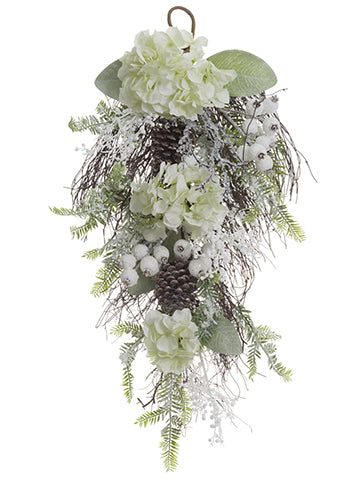 28" Glittered Hydrangea/Cone/ Pine Door Swag White Ice (pack of 2)