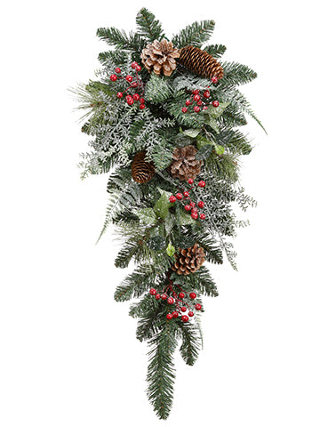 27" Iced Berry/Cone/Cedar Door Swag Red Green (pack of 2)