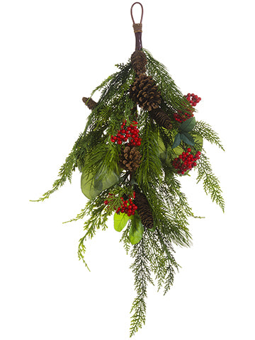 17"Wx33"L Pine Cone/Berry /Cedar/Pine Teardrop Green Red (pack of 4)