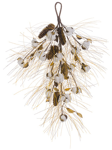 28" Faux Cotton Ball/Cone/ Long Needle Pine Door Swag Brown White (pack of 4)
