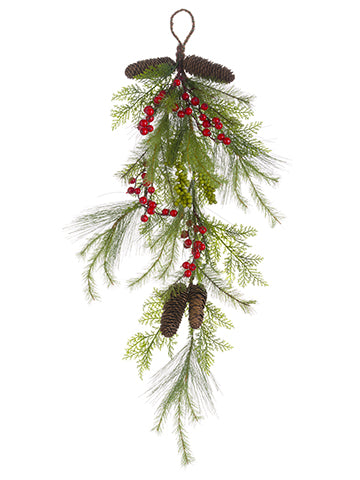 32" Pine/Cedar/Cone/Berry Teardrop Green Red (pack of 6)