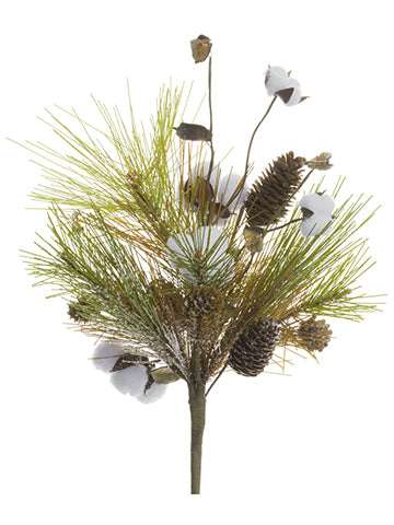 17" Snowed Pine/Faux Cotton Ball/Cone Bouquet Green Snow (pack of 4)