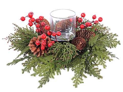 6.5"Hx14"D Cedar/Berry/Pine Cone Centerpiece With Glass Candleholder x1 Red Green (pack of 2)