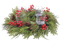 6.5"Hx22"D Cedar/Berry/Pine Cone Centerpiece With Glass Candleholder x4 Red Green (pack of 1)