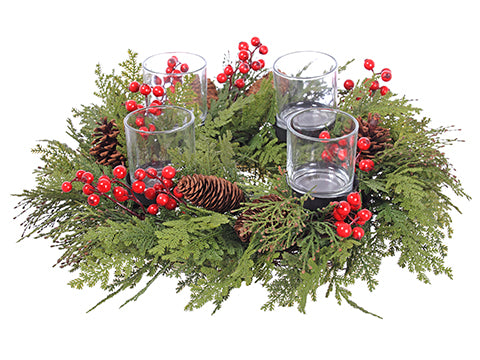 6.5"Hx22"D Cedar/Berry/Pine Cone Centerpiece With Glass Candleholder x4 Red Green (pack of 1)