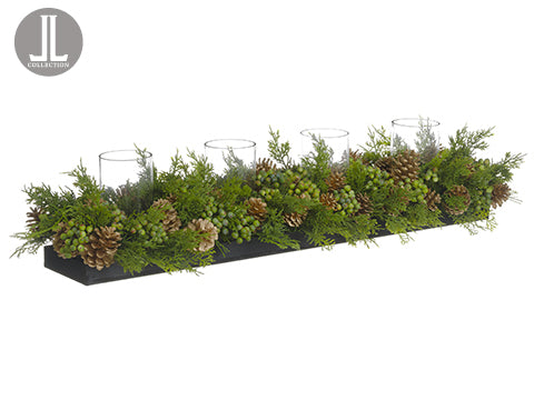 9"Hx42"L Cedar/Berry/Pine Cone Centerpiece With Glass Candleholder x4 Green Gold (pack of 1)