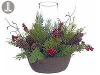 13"Hx14"D Juniper/Cone/Berry Centerpiece With Glass Candleholder Red Green (pack of 1)
