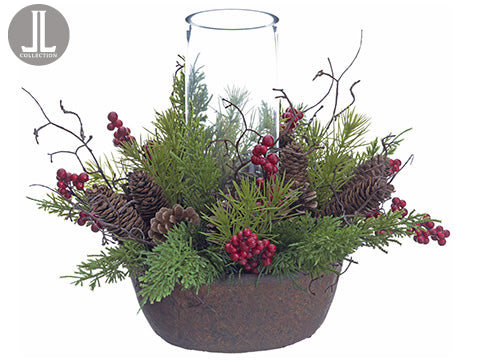 13"Hx14"D Juniper/Cone/Berry Centerpiece With Glass Candleholder Red Green (pack of 1)