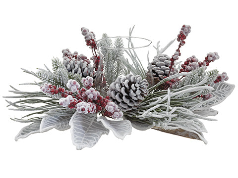 6.5"H14"L Snowed Magnolia Leaf /Berry/Cone/Pine/Centerpiece With 3"D Glass Candleholder x1 (pack of 2)
