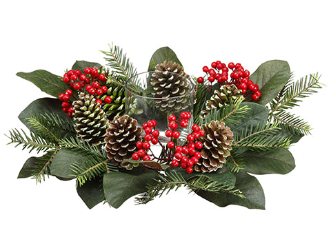 6.5"Hx14"L Magnolia Leaf/Berry /Pine Cone/Pine Centerpiece WITH 3"D Glass Candleholder x1 (pack of 2)