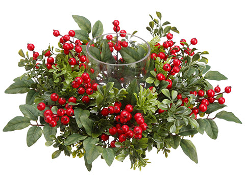 6.5"Hx15"D Boxwood/Berry Centerpiece With Glass Candleholder Red Green (pack of 2)
