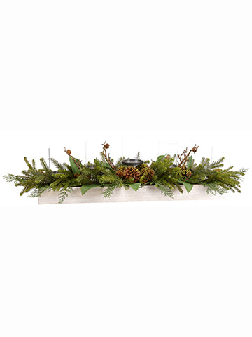 12"Hx12"Wx48"L Magnolia Leaf/ Pine/Cone Centerpiece in Wood Box w/Glass Candleholder X 5 G (pack of 1)