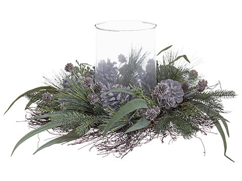 9.5"Hx18"W Pine/Pine Cone/ Eucalpyptus Centerpiece With Glass Candleholder Green Gray (pack of 1)