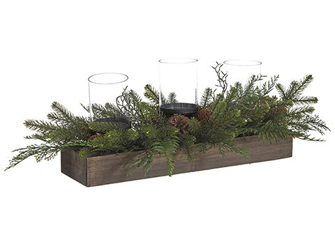 11"Hx12"Wx36"L Pine/Fern/Cone Centerpiece in Wood Box With Glass Candleholder x3 Green (pack of 1)