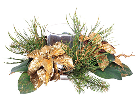 8"Hx20"D Poinsettia/Twig/Pine Centerpiece With Glass Candleholder x1 Gold Green (pack of 2)