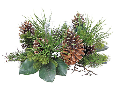 8.5"Hx20"D Pinecone/Twig/Pine Centerpiece With Glass Candleholder x1 Green Brown (pack of 1)