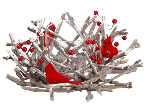 6"Hx16"D Twig With Cardinal/ Berry Centerpiece With Glass Candleholder Red Whitewashed (pack of 4)