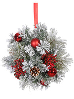 11" Snowed Pine/Cone/Ball/ Berry Kissing Ball Red Snow (pack of 6)