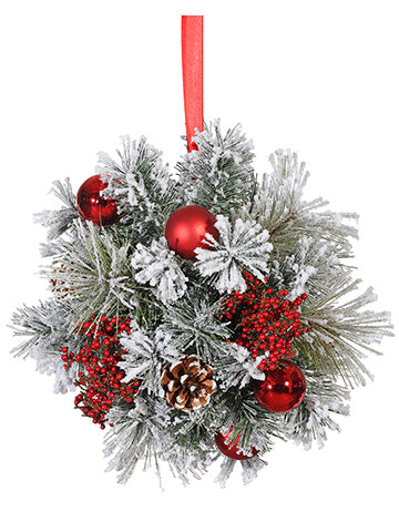 11" Snowed Pine/Cone/Ball/ Berry Kissing Ball Red Snow (pack of 6)