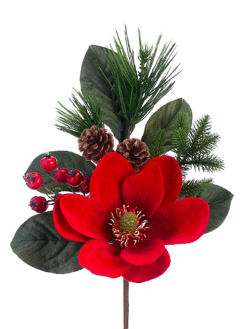 17" Velvet Magnolia/Pine Pick  Red (pack of 12)