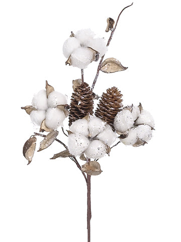 12.5" Faux Cotton Ball/Pine Cone Pick White Brown (pack of 12)