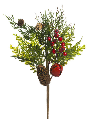 18" Cedar/Pine Cone/Bell Pick  Green Red (pack of 12)