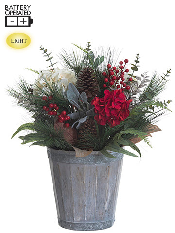 27.5" Battery Operated Hydrangea/Eucalyptus/Snowflake /Berry with Light in Pot Red G (pack of 1)