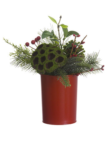 8" Berry/Mistletoe/Cone/Pine Arrangement in Tin Pot Red Green (pack of 6)